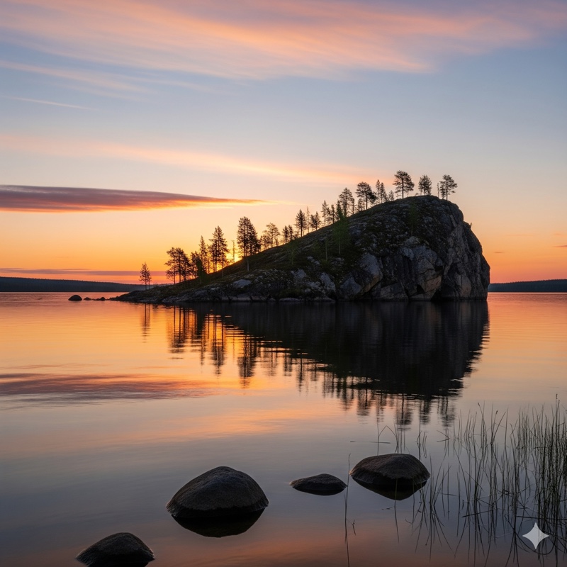 Jezero Inari a posvátný ostrov Ukonkivi