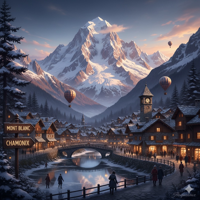 smyšlený obrázek Chamonix, Francie, pod majestátním Mont Blancem
